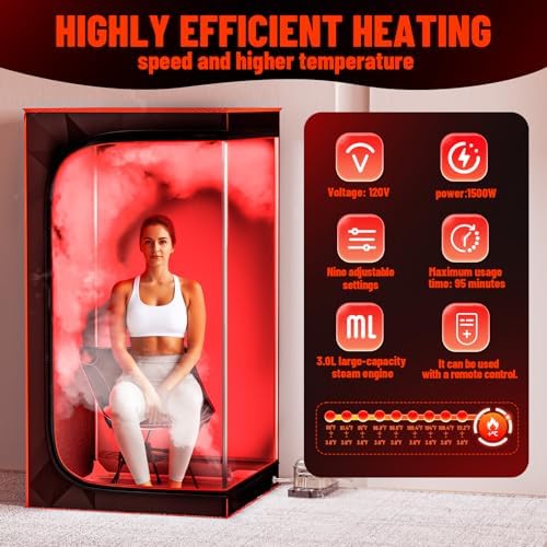 Portable Sauna Tent, 1500W Steam Sauna Box with Steamer & Remote, Personal Home Sauna for Indoor & Outdoor Use, Foldable with Chair, 9-Level Steam Room