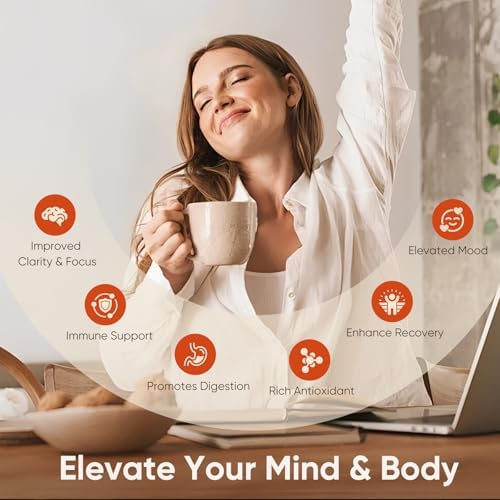 Mushroom Coffee, 12 Mushrooms Powder Blend Ashwagandha, Lion's Mane, Chaga and Probiotics, Mushrooms Instant Coffee Latte for Focus, Gut & Immunity Health- 30 Servings