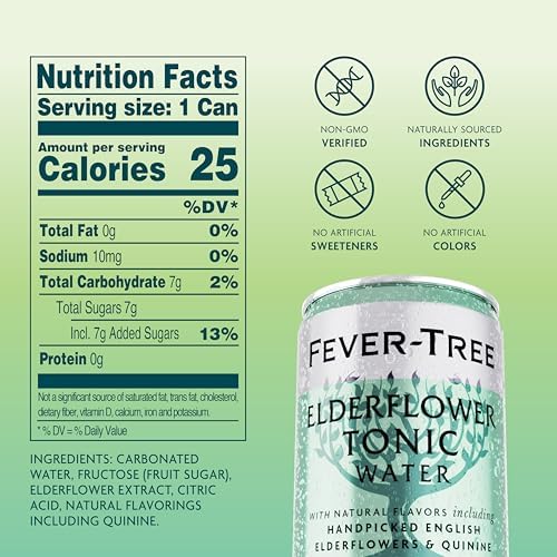 Fever Tree Elderflower Tonic Water - Premium Quality Mixer - Refreshing Beverage for Cocktails & Mocktails. Naturally Sourced Ingredients, No Artificial Sweeteners or Colors - 150 ML Cans - Pack of 3