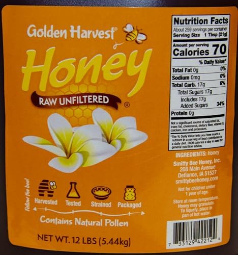 Golden Harvest Honey Unfiltered Raw Extra Light Wildflower Blend – 100% Pure Honey – Contains Natural Pollen – 12 Pounds – Sold by North Mountain Supply