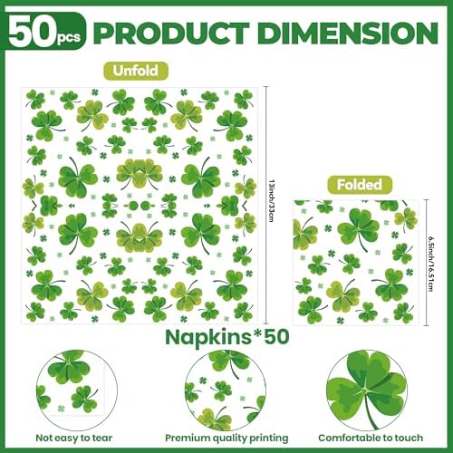 50PCS St. Patrick's Day Paper Napkins - 6.5 x 6.5 Inch Shamrock Luncheon Napkins Green Lucky Clover Disposable Party Supplies for Saint Patrick's Day Irish-Themed Birthday Decorations