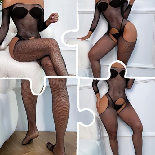ROSVAJFY Women’s BodyStocking Sexy Mesh Fishnet Long Sleeve Bodysuit One Piece Jumpsuit Lingerie Underwear Tights Nightwear