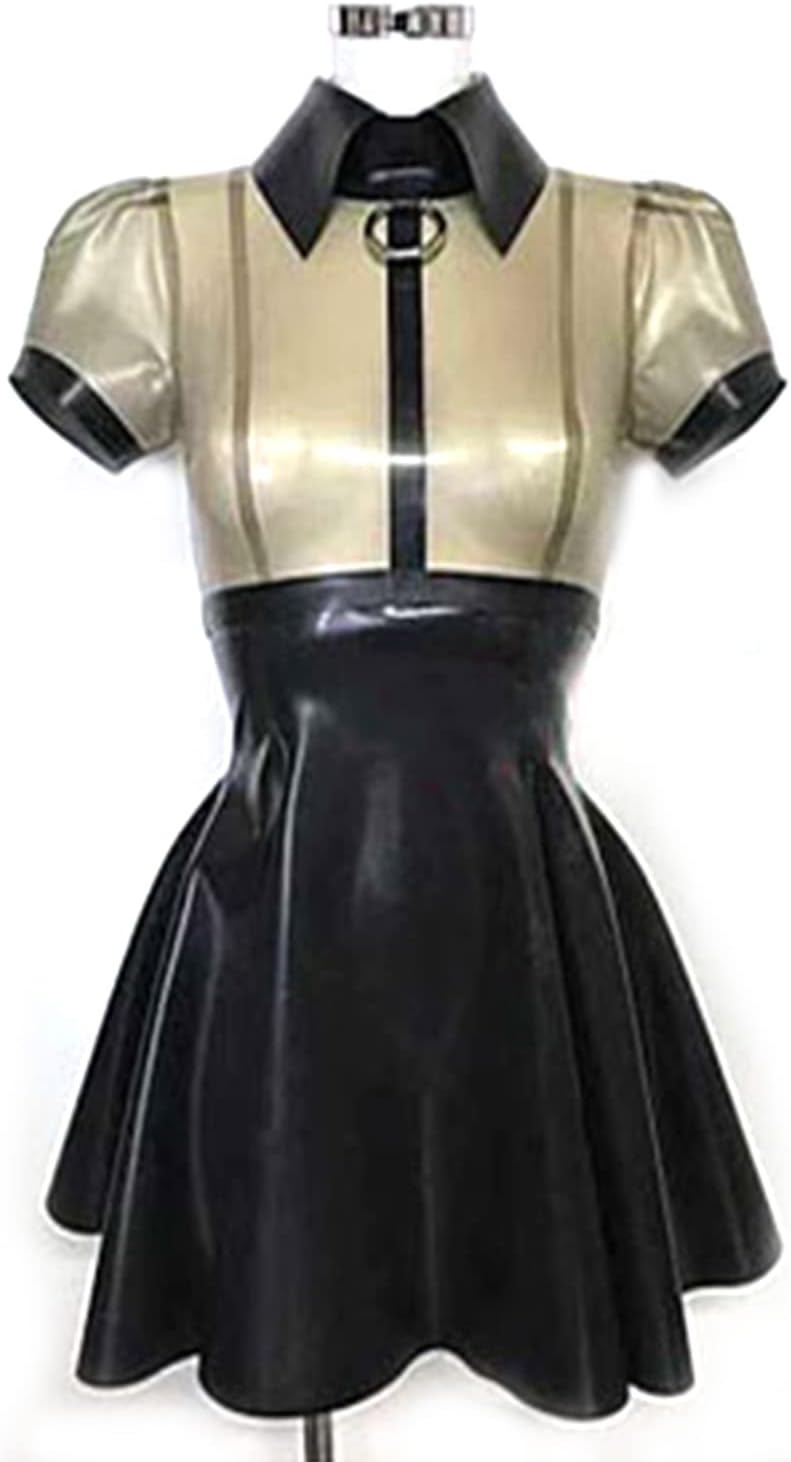 Black Splicing Transparent Black Latex Dress Back Zipper Translucent Pleated Skirt Club Party Wear