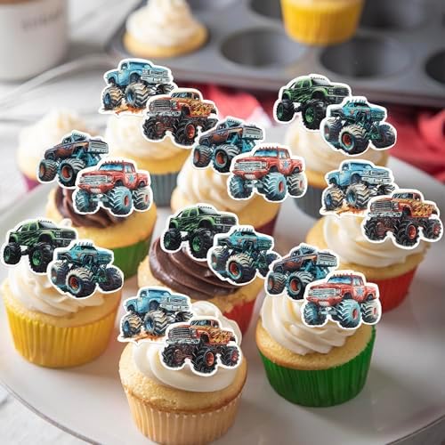 60 PCS Edible Truck Car Cupcake Toppers Edible Truck Car Cupcake Picks Monster Car Theme Birthday Party Cake Decorations for Baby Shower Kids Boys Girls Birthday Party Food Decorations Supplies