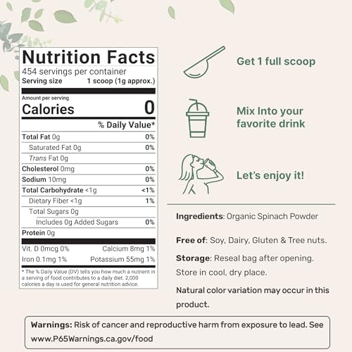 Sustainably US Grown, Organic Spinach Powder, 1 Pound, Freeze Dried from Whole Leaf, Rich in Beneficial Thylakoids and Chlorophyll, Contains Multivitamins, Non-GMO, Vegan Friendly