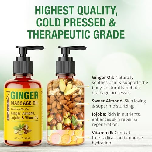 Seven Minerals Ginger Massage Oil for Lymphatic Drainage Massage Therapy - 4 oz - Warming and Ultra Relaxing - Therapeutic Grade Essential Oils Soothes Tired Muscles & Relaxes Mind and Body