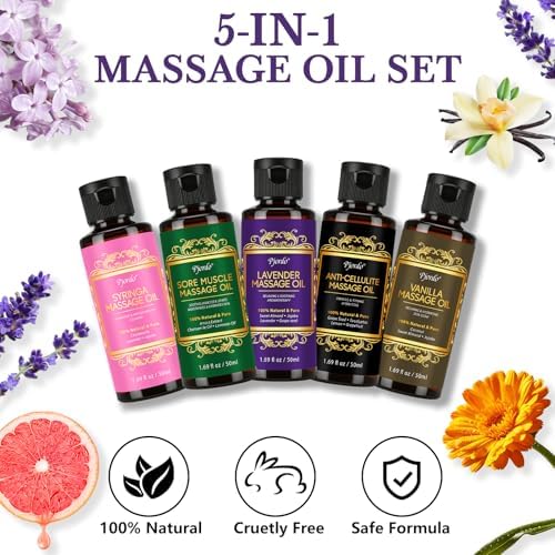 5 Pack Massage Oil for Massage Therapy, Lavender, Vanilla, Sore Muscle, Syringa & Anti Cellulite Massage Oil Kit for Relaxing Muscle & Soothing The Body, Home Spa Gifts for Her Him