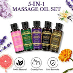 5 Pack Massage Oil for Massage Therapy, Lavender, Vanilla, Sore Muscle, Syringa & Anti Cellulite Massage Oil Kit for Relaxing Muscle & Soothing The Body, Home Spa Gifts for Her Him