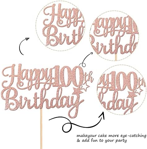 1 PCS Happy 100th Birthday Cake Topper Glitter Cheers to 100 Years Cake Pick Number 100 Fabulous Cake Decoration for 100th Birthday Theme Party Decorations Supplies Rose Gold