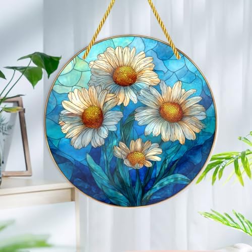 White Daisies with Blue Background 8x8 inch Stained Glass Window Hanging，Shatterproof Acrylic Suncatcher, Round Acrylic Wall Decoration for Home, Ideal Gift for Flower & Nature Lovers