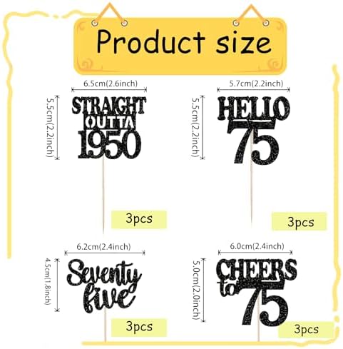 12 Pack 75th Birthday Cupcake Toppers Glitter Hello 75 Cupcake Decor for Men Women Cheers to Seventy Five Years Birthday Cupcake Decorations Supplies