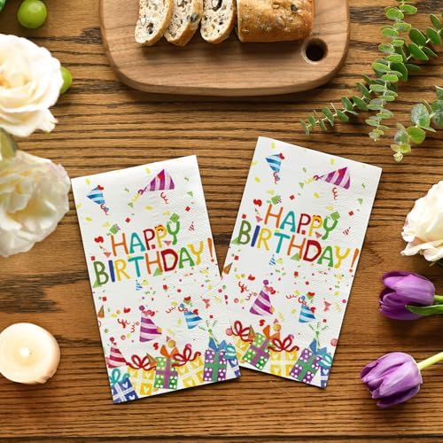 Horaldaily 50 Birthday Disposable Paper Decorative Guest Napkins, Happy Birthday Ballon Gifts Hand Towel for Party Lunch Dinner Kitchen Bathroom