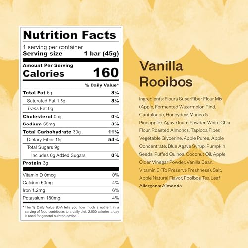 Floura Vanilla Rooibos Fruit-Forward Fiber Bars– High Fiber, Vegan, Gluten & Dairy Free, Low Calorie Healthy Snack Bars with Upcycled Produce for Gut Health [12 Pack]