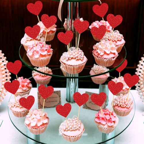 Hooqict 40Pcs Red Heart Cupcake Toppers Glitter Sweet Love Valentine's Day Cupcake Toppers Birthday Cake Topper Decorations for Happy Valentines Galentines Day Anniversary Party Cake Decorations
