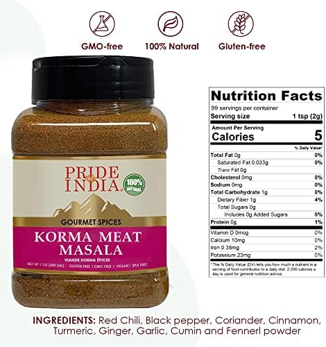 Pride of India Korma Meat Masala – 7 oz | Seasoning Spice Blend for Fresh Chicken, Mutton, Chop Meat, Lamb Curry, Biryani, Kebab & Marinades | Korma Masala in a Reusable Medium Jar