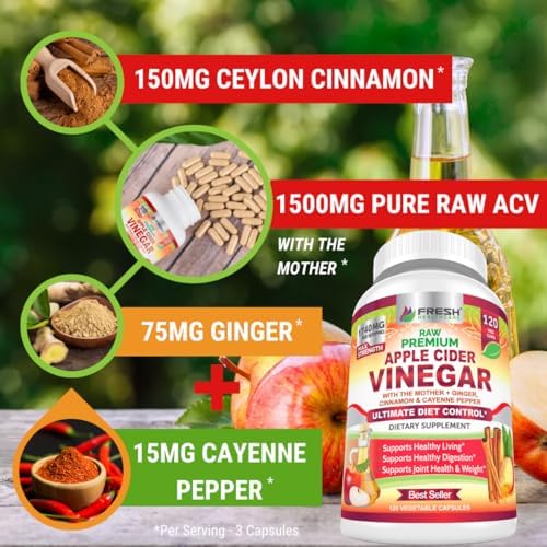 FRESH HEALTHCARE Apple Cider Vinegar Capsules with The Mother - 1740mg Non-GMO Gluten Free ACV Complex with Ceylon Cinnamon, Ginger & Cayenne for Digestion Support & Healthy Living - 120 Vegan Pills