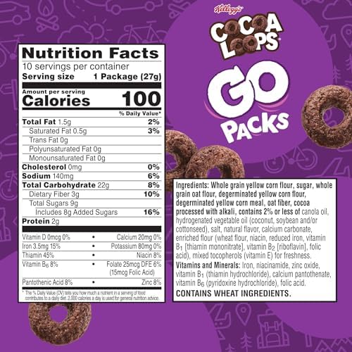 Kellogg's Cocoa Loops Go Packs Cereal, Kids Snacks, Lunch Snacks, Original, 9.5oz Box (10 Pouches)