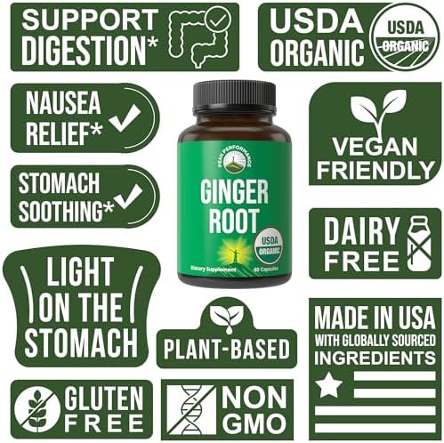 Peak Performance USDA Organic Ginger Root Capsules. Vegan Ginger Pills Supplement for Women & Men to Support Digestion, Occasional Nausea Relief, Gas & Bloat Support, and Gentle Stomach Comfort