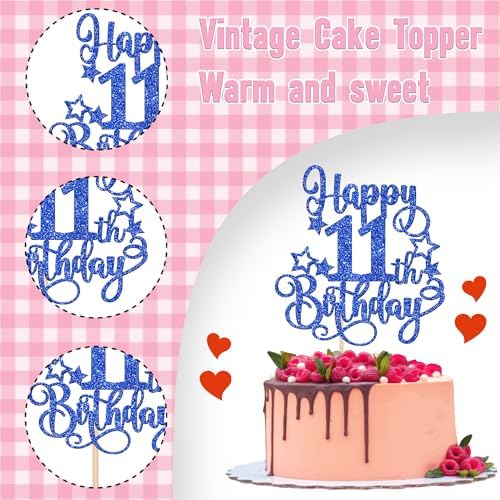 1 PCS Happy 11th Birthday Cake Topper Glitter Cheers to 11 Years Birthday Cake Pick Hello 11 Fabulous Cake Decoration for Happy 11th Birthday Anniversary Party Decorations Supplies Blue
