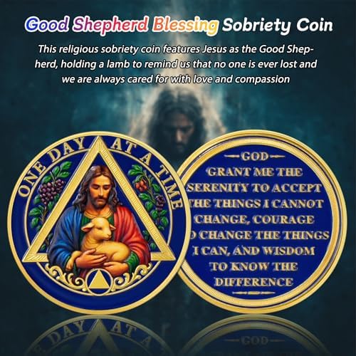 The Good Shepherd Blessing Sobriety Coin - One Day at A Time Religious AA Coins - Addiction Recovery Christian AA Chips and Medallions - God Serenity Prayer 1-65 Alcoholics Anonymous Anniversary Gifts
