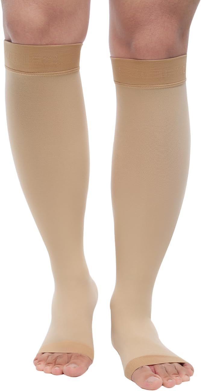 Medical Knee High Wide Calf Open Toe Varicose Veins Compression Socks for Women& Men 8-15 Mmhg, Toeless Support Hose Plus Size Compression Stockings Soothe Relief Circulation and Swelling