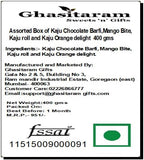 Ghasitaram Gifts Diwali Gifts Sweets - Assorted Box of Kaju Chocolate Barfi,Mango Bite,Kaju Roll and Kaju Orange Delight, 400g