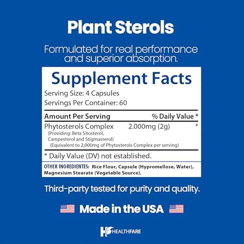 Healthfare Plant Sterols Capsules 2000mg | 240 Vegan Capsules | Beta Sitosterol & Phytosterol Complex | Plant-Based Supplement | Non-GMO & Gluten-Free | Made in The USA