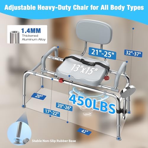 Sliding Shower Chair Tub Transfer Bench with 360°Swivel Seat,Anti-Slip Design,with Security Belt for Elderly and Disabled,Adjustable Height with one Touch Slide Button,Gray