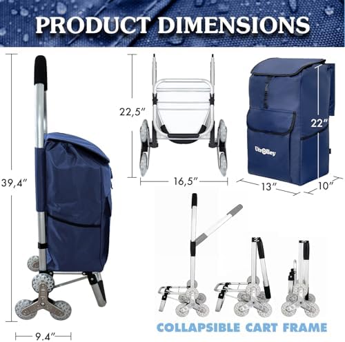 Ultra-Lightweight Stair Climber Cart for Groceries & Laundry, Durable 6-Wheel Folding Shopping Cart with Insulated Bag, Blue