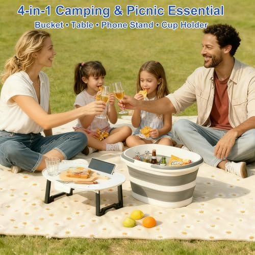 Collapsible Bucket with Multi-Function Lid, 4.2 Gallon (16L) 4-in-1 Foldable Bucket for Camping, Fishing, Car Wash, Foot Soak & Toy Storage, Portable Space Saving Bucket