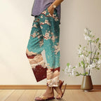 Women's Japanese Art Print Straight Leg Pants High Waist Elastic Baggy Trousers Business Work Casual Pants with Packet
