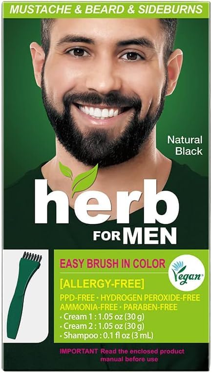 Herb For Men Mustache & Beard Dye (Nature Black, 1 Pack), PPD-Free Ammonia-Free, Vegan with Natural Ingredients, Gentle for Sensitive Skin, No Skin Irritation