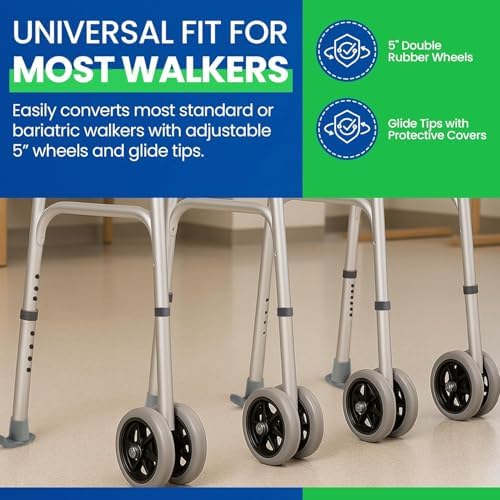 Healthline Heavy Duty Bariatric Walker Wheels – 5” Double Wheel Pair with 2 Glide Tips – Universal Replacement Kit for Standard and Folding Walkers – Sturdy Rubber Wheels, Up to 450 lbs Capacity