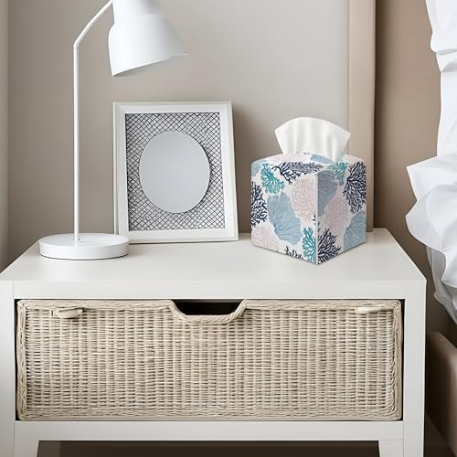 Coastal Tissue Box Cover — Blue Nautical Ocean Beach Coral Decorative Square Faux Leather Tissue Box Holder Dispenser, Coastal Accessories for Bathroom Car Home