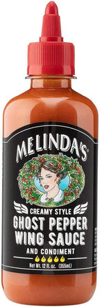 Melinda’s Ghost Pepper Wing Sauce - 12 Oz, 1 Pack - Gourmet Spicy Hot Sauce - Made with Fresh Ingredients, Ghost Peppers (Bhut Jolokia), Habanero Pepper, Carrot, Garlic, Lime - Vegan, Gluten Free
