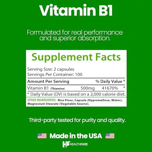 Healthfare Vitamin B1 (Thiamine) 500mg | 200 Vegan Capsules | Extra Strength High Potency Supplement | Supports Energy & Nervous System | Non-GMO, Gluten-Free | Made in USA