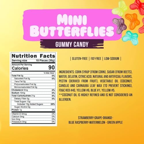 SweetGourmet Mini Butterflies Gummy, Assorted Fruit Flavors Candy, Fat Free, Gluten Free, 3 Pound Bulk Bag