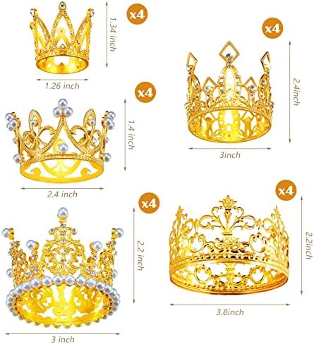 Landhoow 20 Pcs Crown Cake Topper Birthday Mini Crown Pearl Crystal Tiara Small Metal Queen Princess Cake Decorations for Wedding Birthday Baby Shower Party, 5 Styles(Gold)