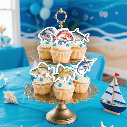 56PCS Edible Fishing Cupcake Toppers Fishing Party Decorations for Baby Shower Birthday Party Supplies Summer Outdoor Fishing Party Supplies
