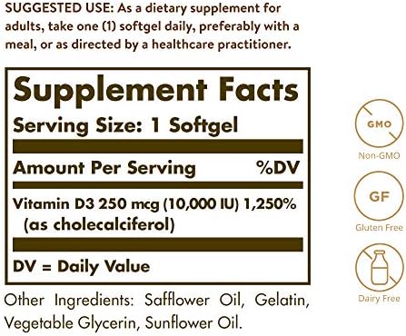 Solgar Vitamin D3 Cholecalciferol 250 MCG 10000 IU Softgels Helps Maintain Healthy Bones Teeth Immune System Support Non-GMO Gluten, Dairy Free Servings, 180 Count