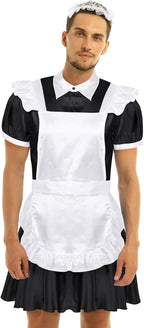 Alvivi Men's Short Sleeve Satin French Maid Uniform Crossdressing Sissy Lingerie Fancy Dress Outfits