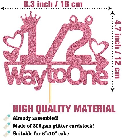 Pink Glitter 1/2 Way to One Cake Topper, 1/2 Birthday Cake Topper, Six Months Cake Topper for Boy Baby's Half Birthday Party, Baby Shower Cake Decorations