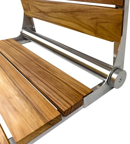 Teak Shower Seat Bench with Back - Wall Mounted Fold Up Shower Seat, Waterproof Folding Teak Bath Chair for Seniors, 304 Stainless Steel, with 300 lbs Capacity - 24" Length, Brushed Stainless Finish