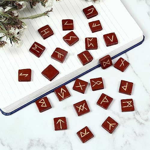 Red Jasper Runes Crystal Rune Stones Set 25Pcs Elder futhark Viking Gemstone Reiki Healing Golden Engraved Runic Alphabets Divination Meditation Spiritual Gifts for Women Witchcraft Supplies