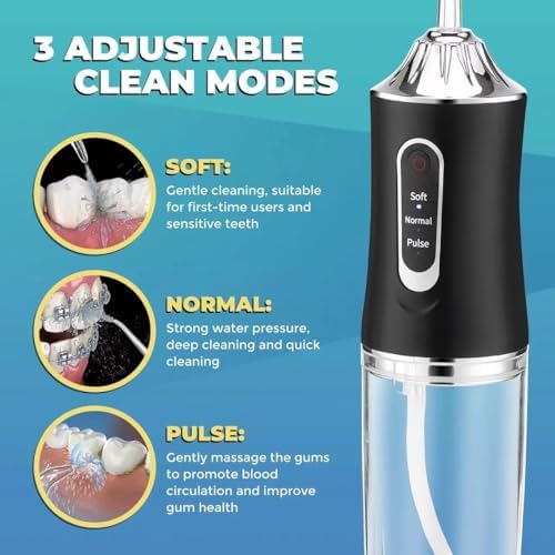 Water Dental Flosser Teeth Pick Portable Cordless Oral Irrigator Rechargeable Travel Irrigation Cleaner 3 Modes 4 Jets IPX7 Waterproof Electric (Black)