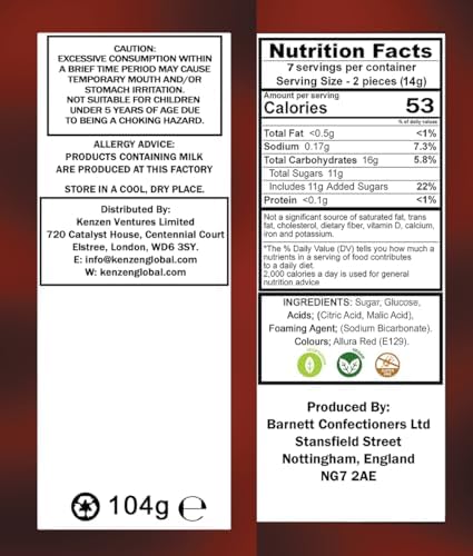 Barnetts - Mega Sour Candy Cherry - Trendy Sweet Bags 104g - Traditionally Handmade Sweets - Sour Coating Lasts 20 Seconds - Candies for Party Bag, Gift Hamper, or Hamper Box