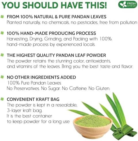 FRESHDRINKUS, Premium 4.5oz Pandan Leaf Powder, 100% Natural and Pure from Pandan Dried Leaves, Emerald Pandan Leaf Powder, Green Food Coloring Powder, No Additives, No Gluten, Vegan.