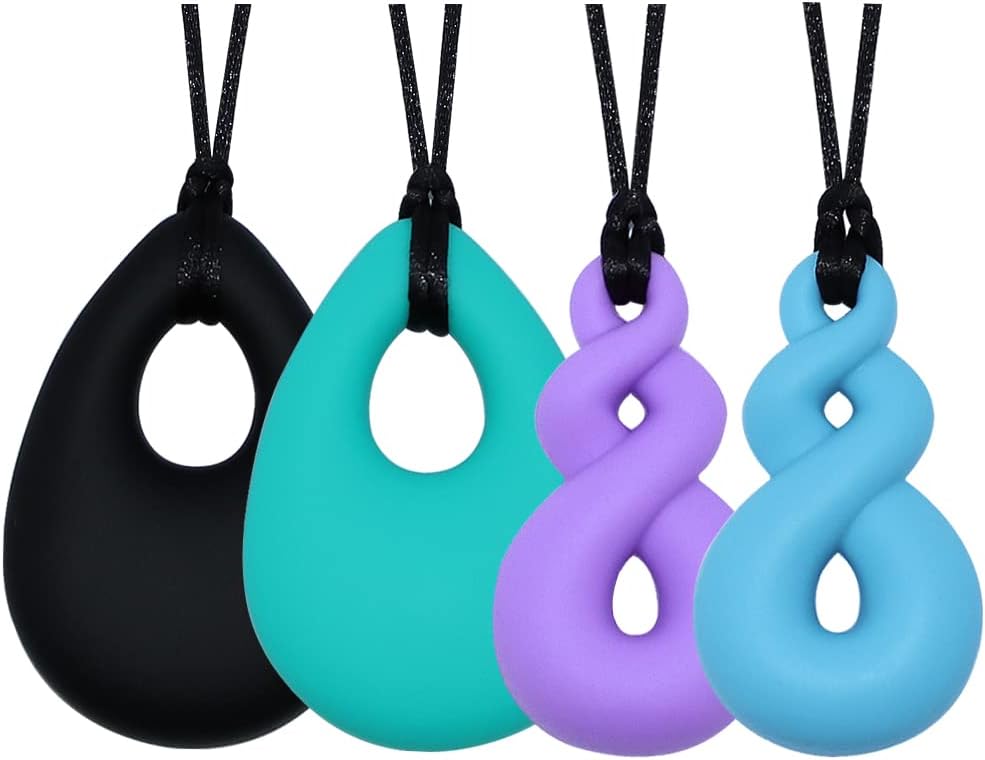 Chew Necklace for Boys and Girls, Silicone Chewy Necklace Sensory Toys for Kids Teardrop Twist Pendants, Chewing Toys for Autism or Oral Motor Special Needs BPA Free - 4 PCS Set