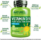 NATURELO Vitamin D - 2500 IU - Plant Based from Lichen - Natural D3 Supplement for Immune System, Bone Support, Joint Health - Vegan - Non-GMO - Gluten Free - 120 Capsules