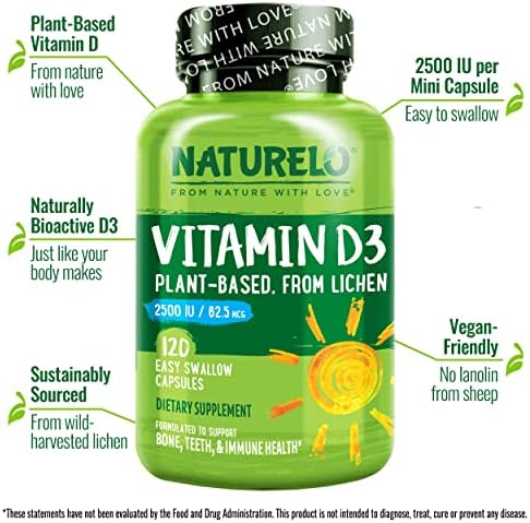 NATURELO Vitamin D - 2500 IU - Plant Based from Lichen - Natural D3 Supplement for Immune System, Bone Support, Joint Health - Vegan - Non-GMO - Gluten Free - 120 Capsules